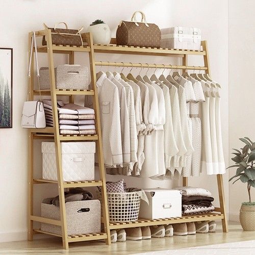 Large Bamboo Open Wardrobe Closet Hanging Clothes Rail Garment Rack W/Top Shelf
