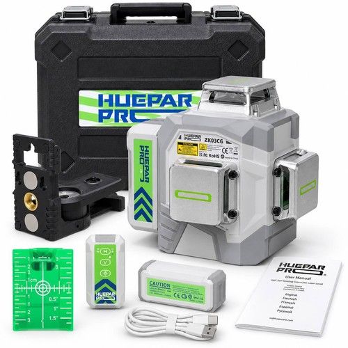 HUEPAR Pro ZK03DG 3D Green Laser Level 3x360 Kit Self Leveling 8000mAh & Remote.