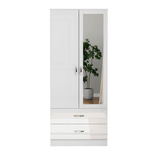 Wooden 2 Door Wardrobe with Mirror 2 Drawers Wardrobe Bedroom Storage Furniture — image 6