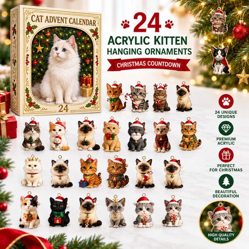 2026 Cat Advent Calendar-24 Acrylic Kitten Hanging Ornaments Christmas Countdown
