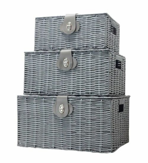 LYNEN Set of 3 Resin Wicker Woven Storage Baskets Hamper Box With Lid & Lock