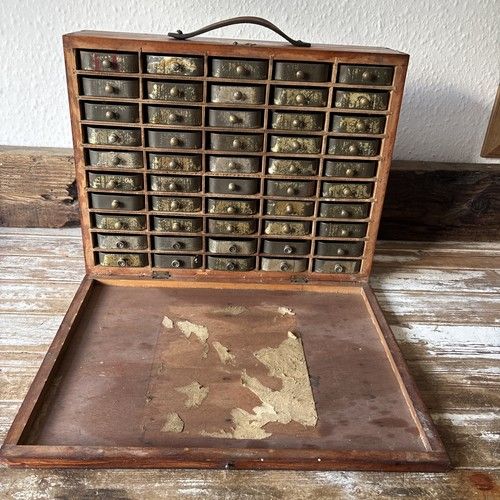 Vintage Hand Made Wooden Toolbox with 50 tobacco tin draws 