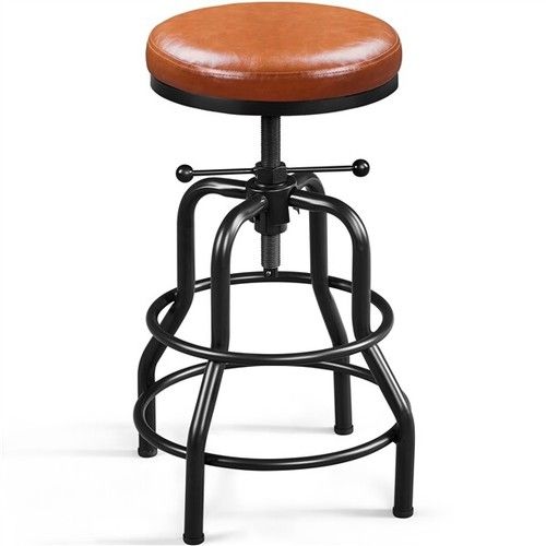 Vintage Industrial Bar Stool Adjustable Swivel Bar Stool Round Faux Leather Seat