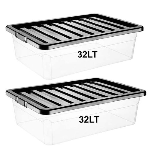 2x 32L Underbed Storage Boxes Black Lid Box Stackable Container Home Office Tidy — image 1