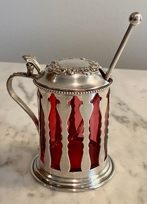 Sterling Silver Victorian Cutwork Mustard Pot Cranberry Liner w/Sterling Spoon — image 1