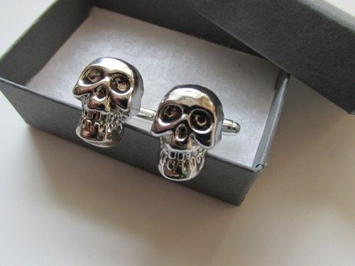 Handmade Silvertone Skull Halloween Pirate Goth Inspired Cufflinks Boxed