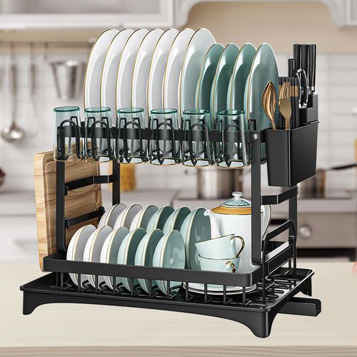 2 TIER KITCHEN SINK DISH DRAINER RACK WITH DRIP TRAY CUTLERY HOLDER PLATE RACK — image 12