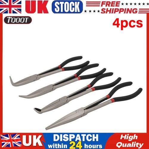 4Pcs 11" Long Needle Nose Pliers - Bent & Straight Reach Curved Tool Set