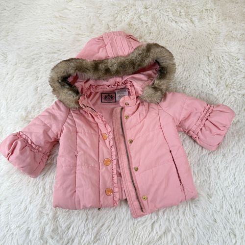 Juicy Couture Infant Pink Puffer Jacket Faux Fur Hood Coat Size 6–12 Months Cute — image 6