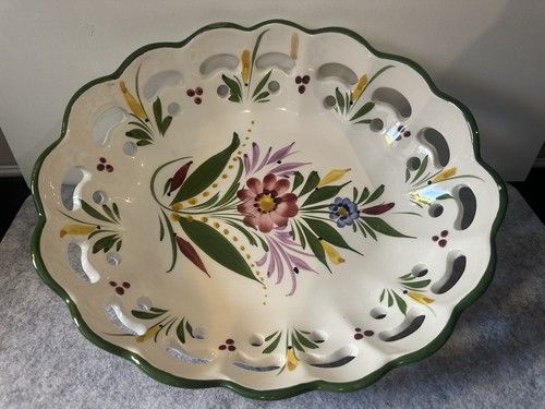 Hand Painted Pierced Reticulated Floral Ceramic Bowl Basket 26cm Folk Art
