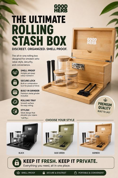 Good Herb Stash Box with Accessories, Grinder, Rolling Tray, 3 Smell-Proof Jars — image 11