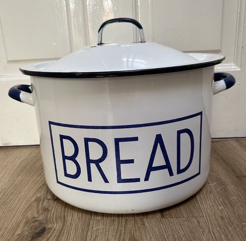 Large Vintage Enamel Bread Bin Polish Kitchenalia - Blue and White Lidded Bin — image 2