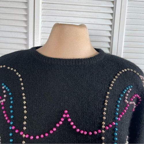 Vintage 80s Amanda Beaded Reindeer Sweater L Silk Angora Black Holiday — image 2