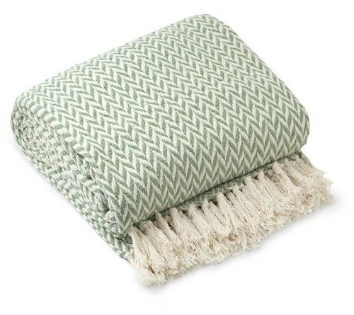 Cotton Herringbone Throw Pistachio Green Fringe Tassel Sofa Bed Chair Blanket