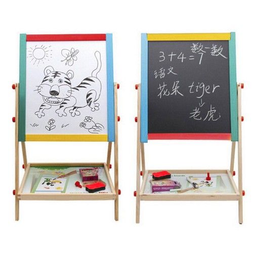 ADJUSTABLE CHILDREN KIDS 2 IN 1 BLACK / WHITE WOODEN EASEL CHALK DRAWING BOARD