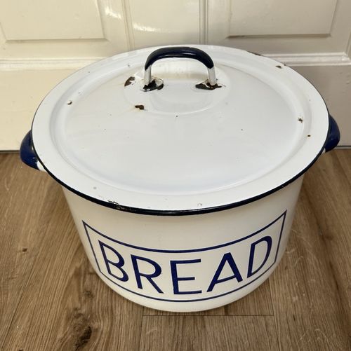 Large Vintage Enamel Bread Bin Polish Kitchenalia - Blue and White Lidded Bin — image 3