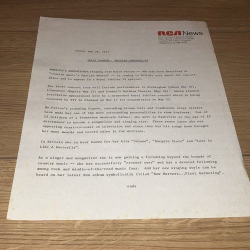 Dolly Parton coming to Britain - rare original 1977 RCA music press release