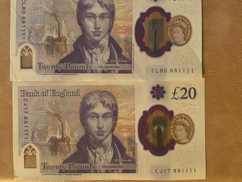 Rare x2 identical £20 note, unique serial number 881111