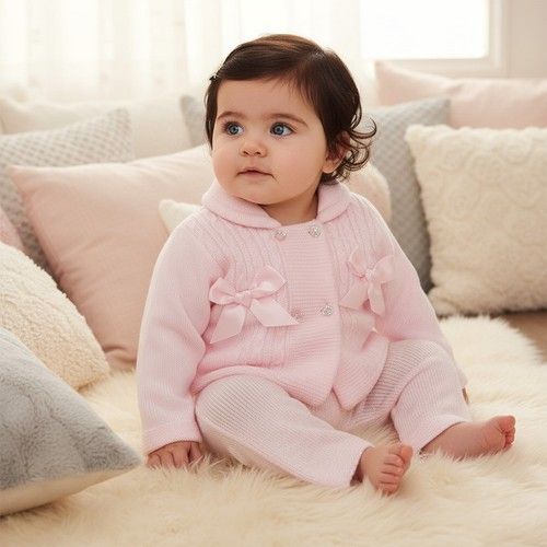 Baby Girl Jacket Knitted Outfit Set Trousers Pram Suit BOWS Pink