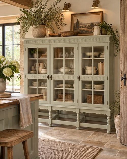 Antique Painted Oak Triple Cabinet or Bookcase - Blue Gray by Farrow & Ball