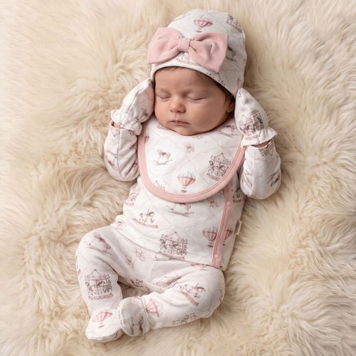 Baby Girl 5 Piece Cotton Layette Gift Set Fairground Ballons PINK 0-3m — image 1