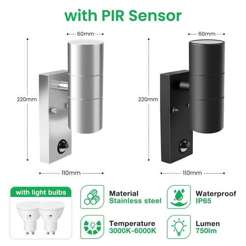 Led Up Down Wall Lights Stainless Steel PIR Motion Sensor Waterproof Outdoor