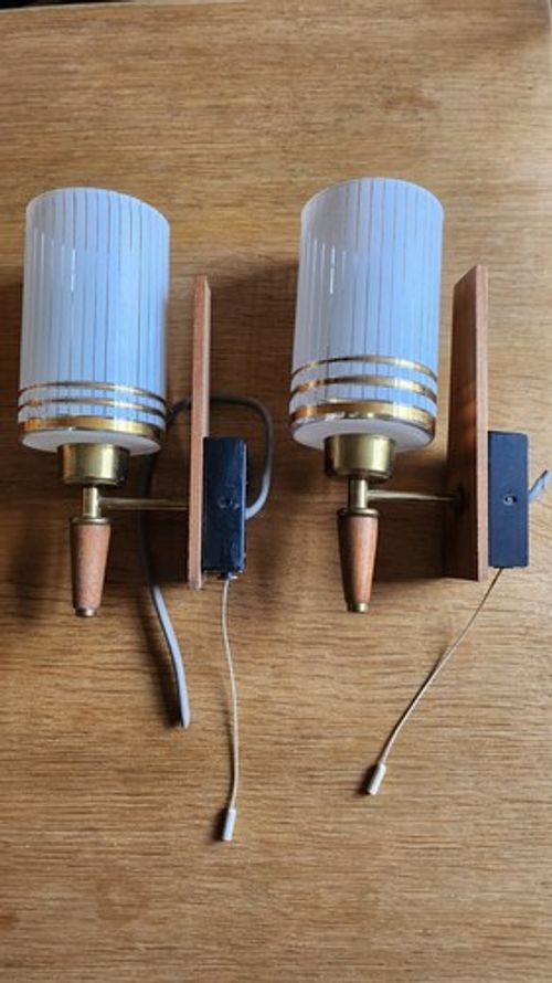 Pair of 1960's Vintage Mid Century Prova Teak & Glass Wall Light Sconces