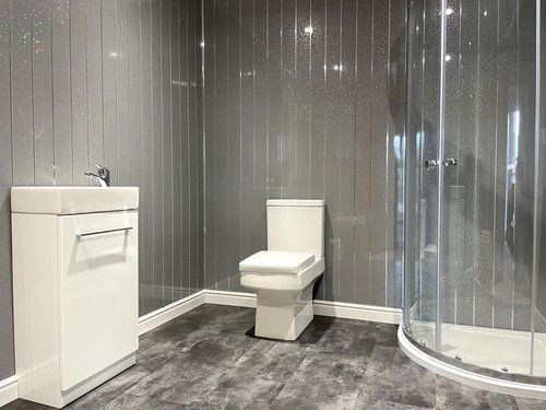10 Grey Sparkle Chrome Strip Bathroom Cladding PVC Plastic Shower Wall Panels