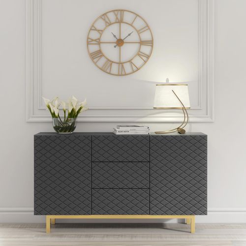 Sideboard Cabinet Diamond Pattern 3 Drawers 2 Doors Grey Gold Legs Storage 140cm — image 2