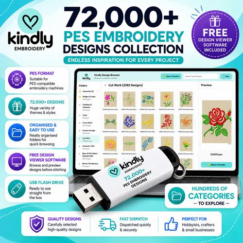 72,000+ Embroidery Designs USB Collection | PES Format | Kindly Design Viewer