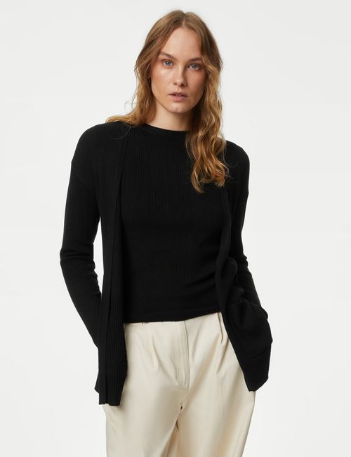Marks & Spencer Womens Ribbed V-Neck Long sleeved Buttonless Cardigan in Black — image 6