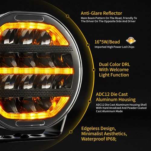 Pair 7" Black LED Driving Light With White/Amber Dynamic Position Light Off-road — image 7