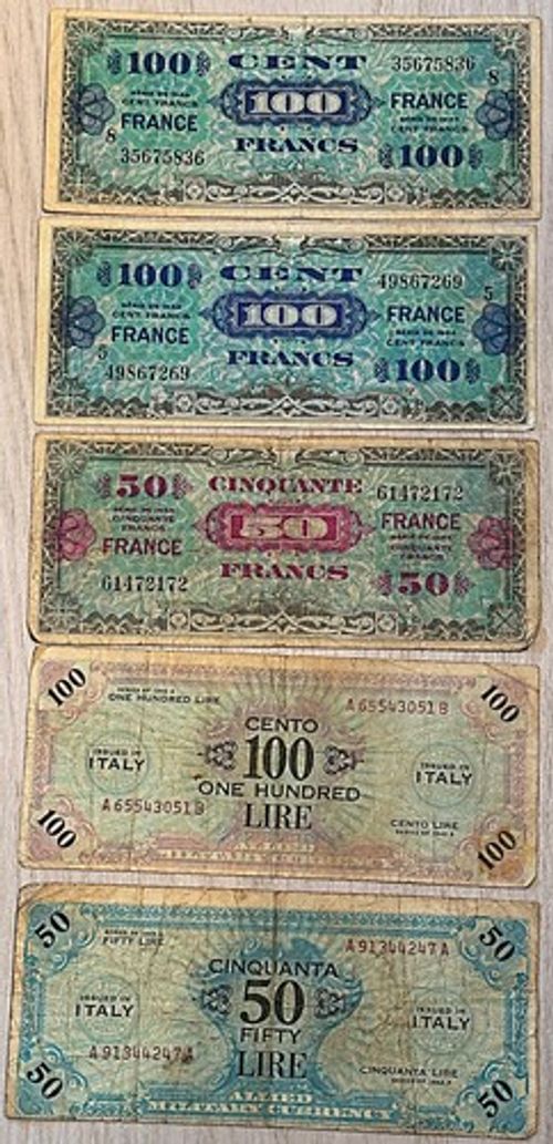 Lot of 5 WWII 1944 French 50 & 100 Francs & 1943 Italy 50 & 100 Lire Banknotes