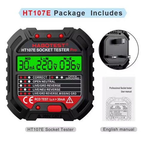HABOTEST HT107 Pro Socket Tester - RCD Test, Voltage, Ground/Neutral, UK Plug — image 1