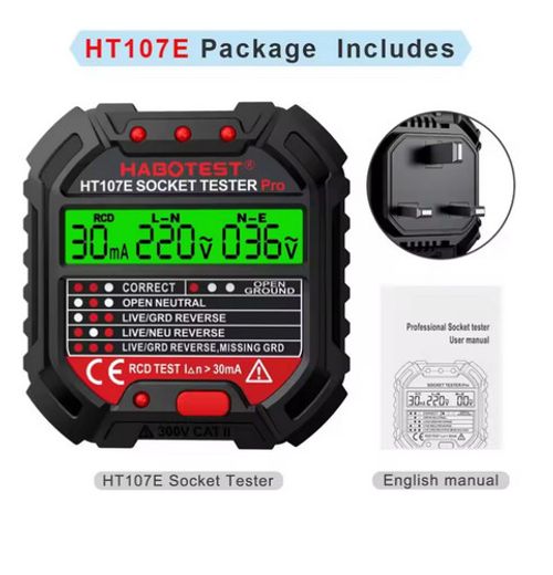 HABOTEST HT107 Pro Socket Tester - RCD Test, Voltage, Ground/Neutral, UK Plug