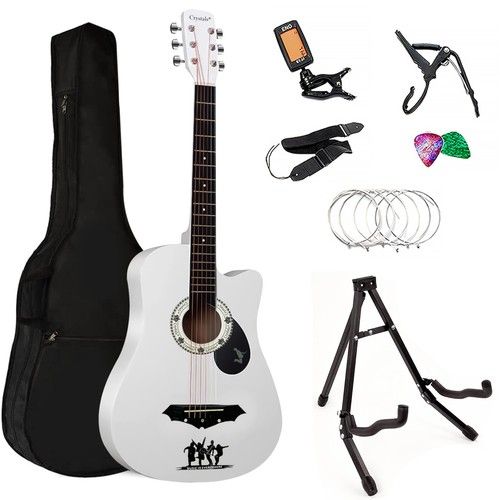 4/4 SIZE 38" WHITE 6 STRING ACOUSTIC GUITAR PACK WITH ACCESSORIES + STAND