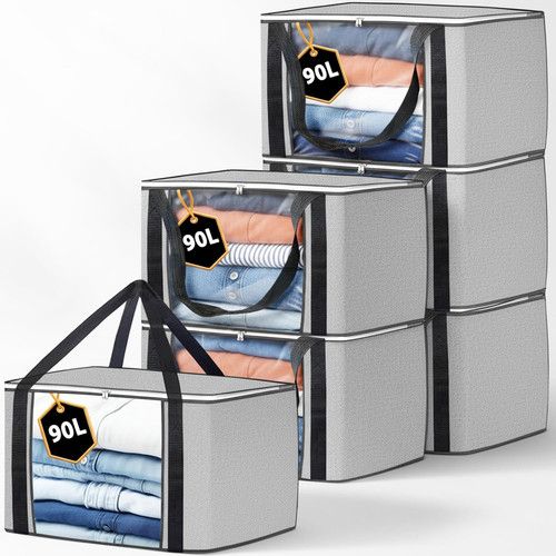 Storage Bags | Clothes Boxes, 6 Pack Grey, 90L Capacity Large Moving Bag