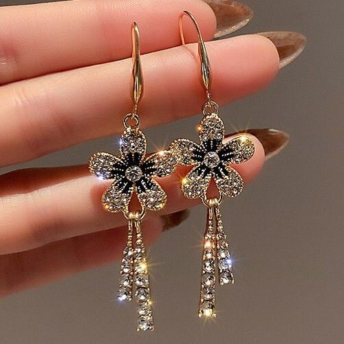 925 Sterling Silver Flower Crystals Drop Gold Stud Earrings Womens Girls Gifts