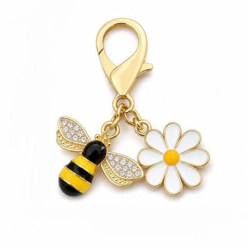 Bee & Daisy Charm Keyring Gold Tone Cute Floral Bumblebee Keychain Gift — image 1
