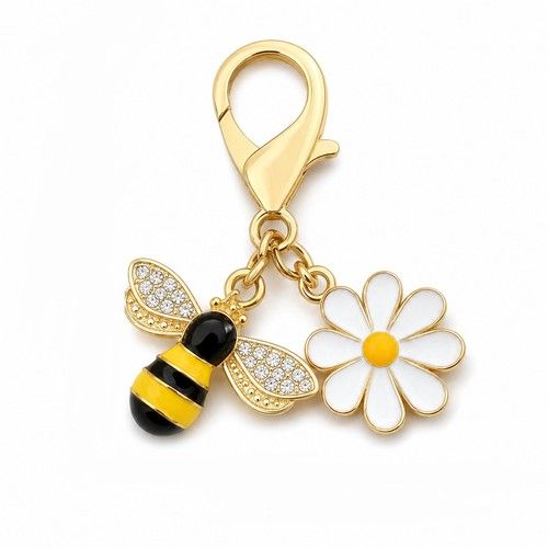 Bee & Daisy Charm Keyring Gold Tone Cute Floral Bumblebee Keychain Gift