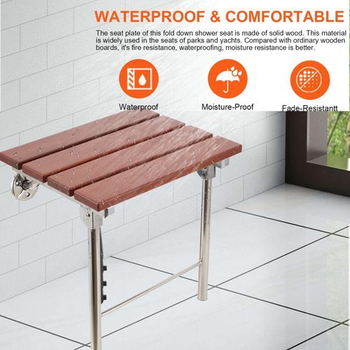 Wall Mounted Folding Shower Seat with Legs Wooden Bathroom Bench Non-Slip for — image 3