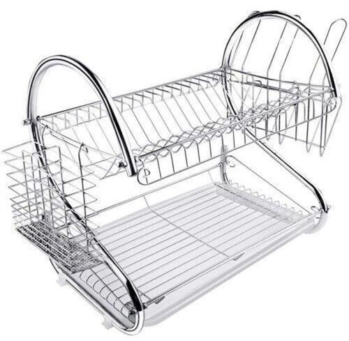 2 Tier Dish Drying Rack Drainer Rack Cutlery Bowl Plate Holder Kitchen Drip Tray