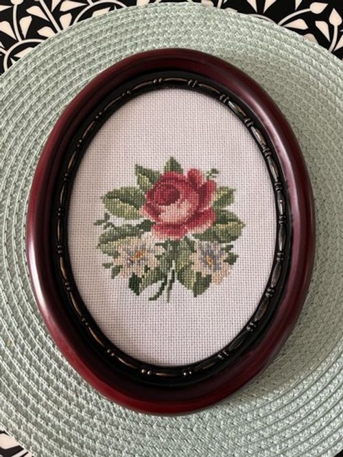 Oval Rose Cross Stitch Picture Wall Mounted Retro Vintage Style VGC Pre Loved