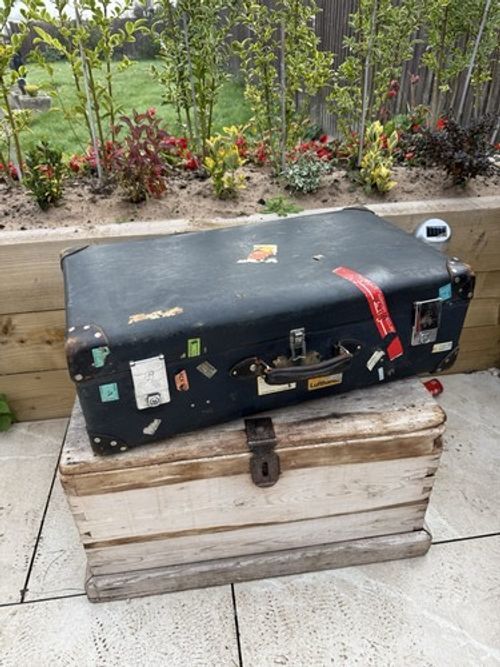 Vintage Globetrotter Suitcase Large Blue Travel Trunk Vintage Stickers