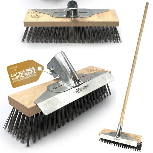 Wire Patio Brush 12in with Scraper Long Handle Moss Weed Removal Broom — image 3