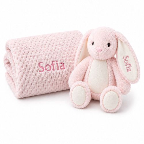 Personalised Baby Bunny & Waffle Blanket Gift Set Newborn Baby Shower Gift