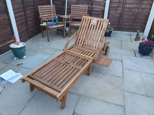 Wooden Sun Lounger Chaise 4 Level Reclining Sunbed Folding Garden Chair W Wheels — image 2