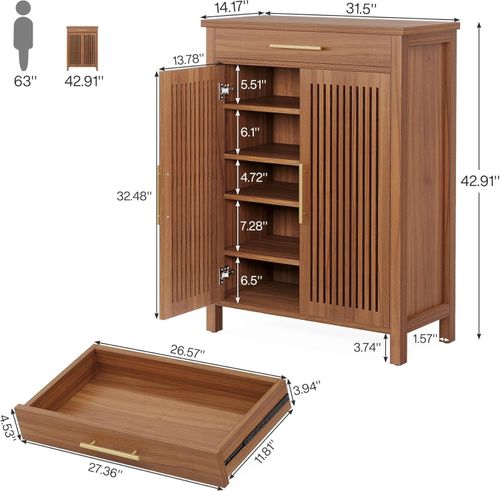 Modern 5-Tier Narrow Shoe Cabinet with Louvered Doors and Drawer for Entryway — image 2