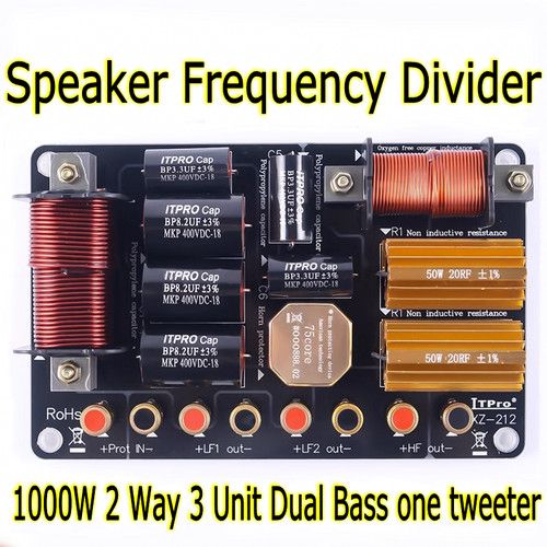1000W 2 Way 3 Unit Dual Bass High-Low Speaker Frequency Divider Crossover Filter