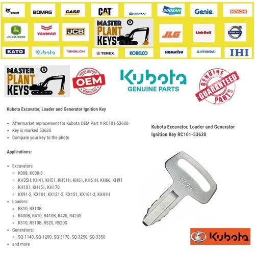 Kubota Excavator, Loader, Generator Ignition Key RC101-53630 Master Plant Keys